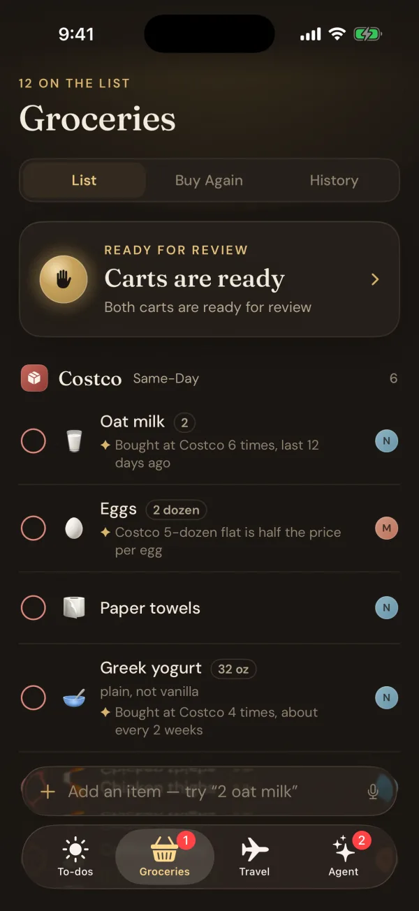Groceries: carts are ready for review, and the list by store, with notes like oat milk bought at Costco six times.