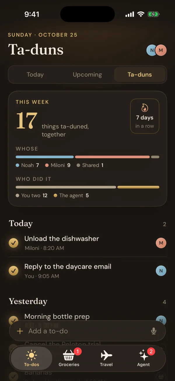 Ta-duns: 17 things done this week, together, seven days in a row: 12 by the two of them and 5 by the agent.